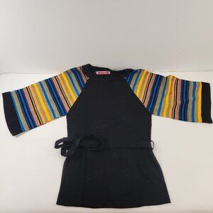 Vintage Black Tight Tunic with Waist Sash and Wide Mod Rainbow Sleeves - Korea